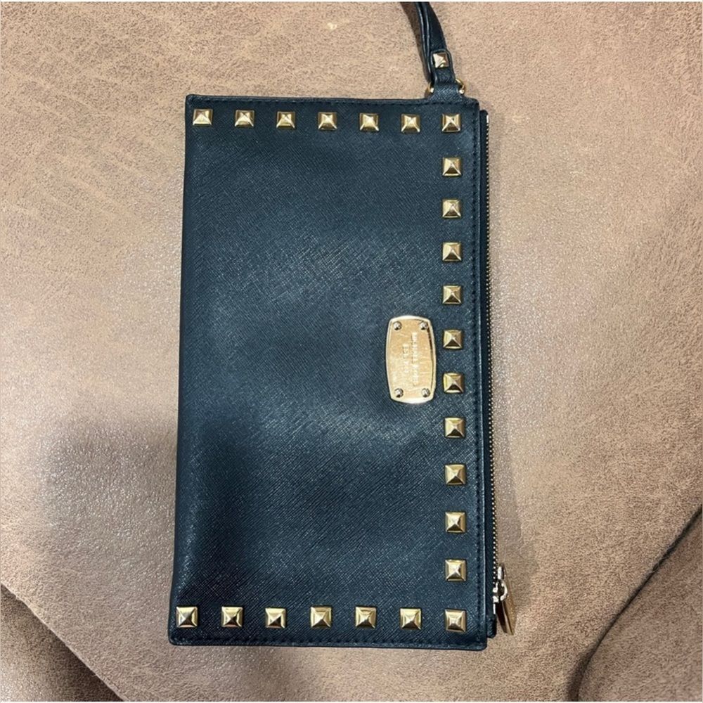 Michael Kors Sandrine Stud Black Gold Leather Large Zip Wristlet